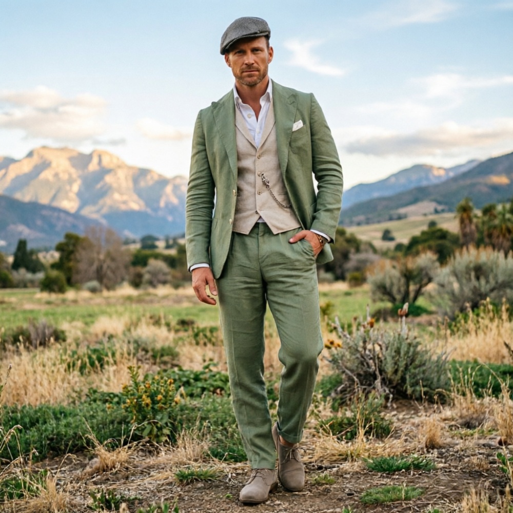 Men Linen Formal Wear - Salbeigrüner Leinenanzug für Herren, 3-teilig, atmungsaktiv,