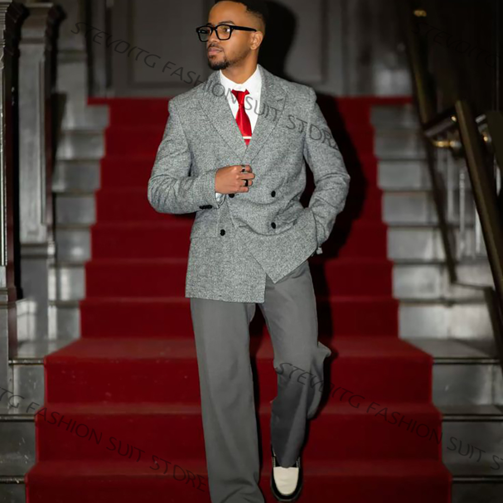 Men'S Formal Evening Wear - Lässiger Strukturierter Herrenanzug in Grau, Zweireihig