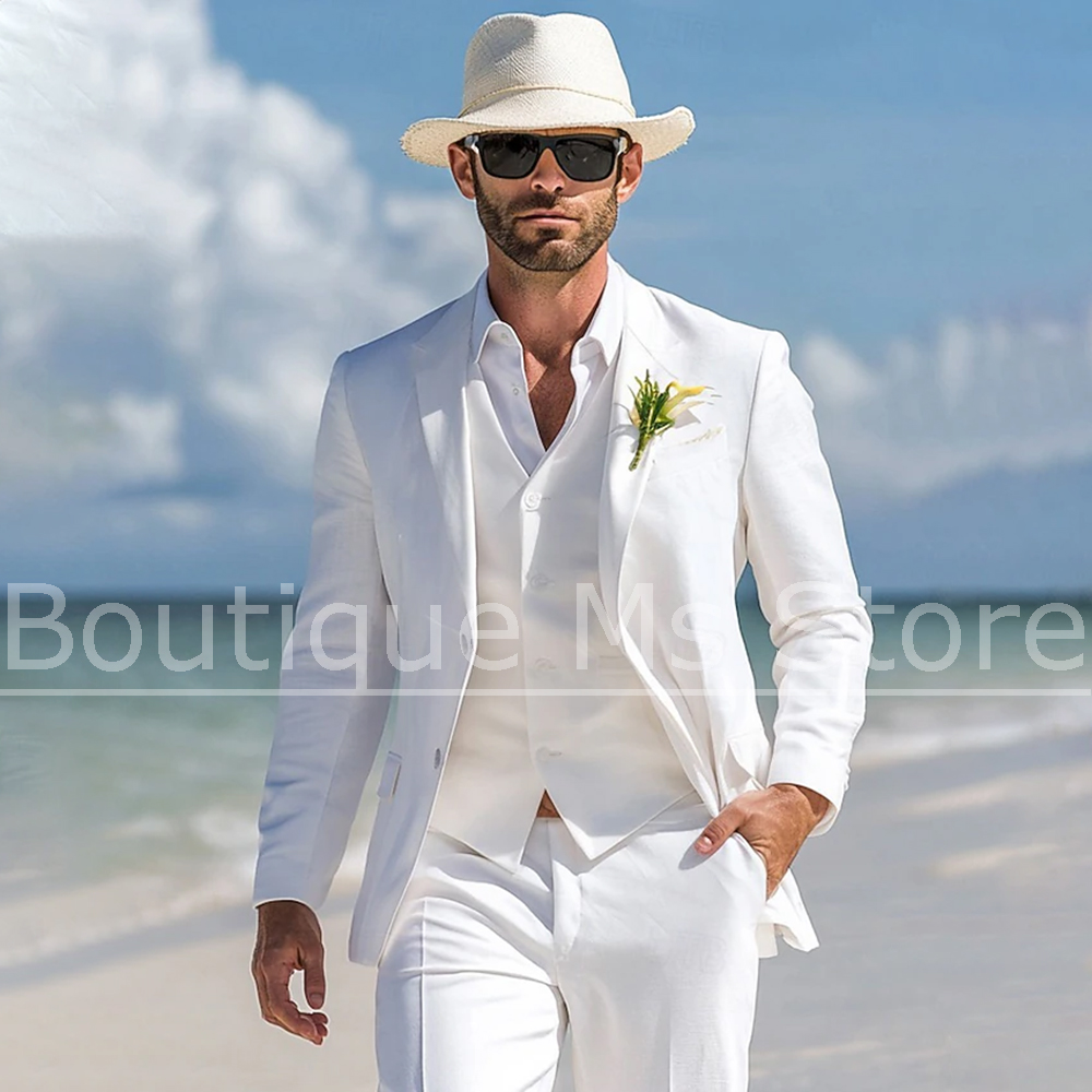 Men Linen Formal Wear - Herren Leinenanzug in Weiß, 3-teilig, einreihig,