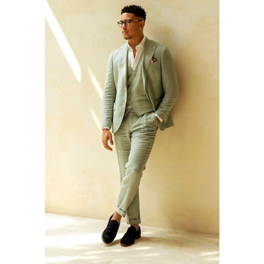 Men Linen Formal Wear - Salbeigrüner Leinen-Hochzeitsanzug 3-teilig Sommer Herrenanzug Slim