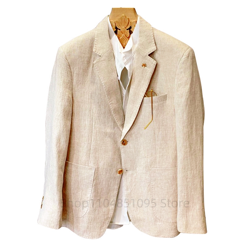Men Linen Formal Wear - Beiger Herrenanzug Leinen-Blazer Jacken Business Casual