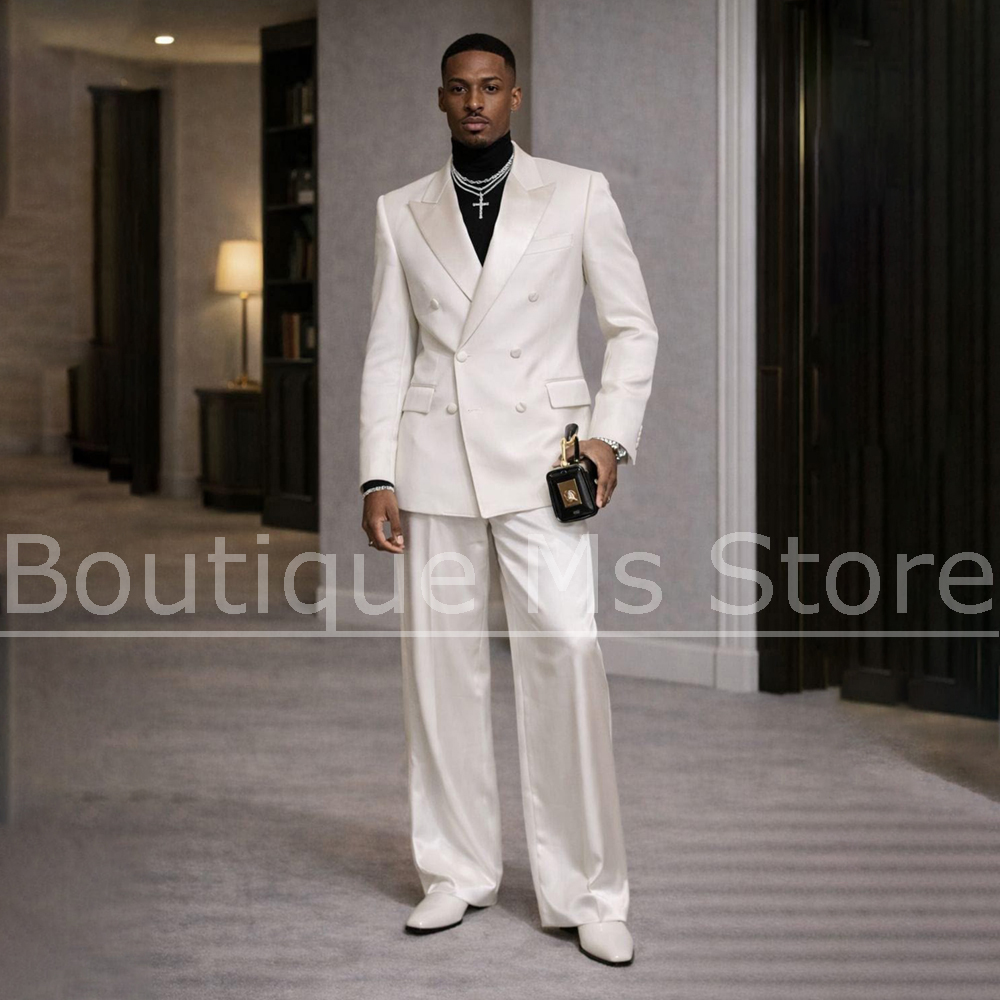 Men'S Formal Evening Wear - Herren Weißer Satin-Anzug 2-teilig Doppelreihig Spitzrevers