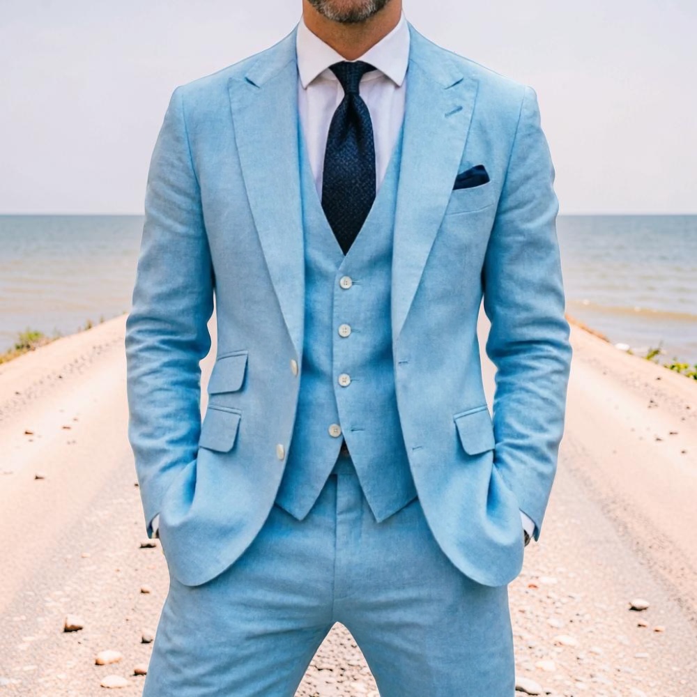 Men Linen Formal Wear - Himmelblauer Leinen-Herren-Hochzeitsanzug 3-teilig Sommerlicher Leichter Slim-Fit