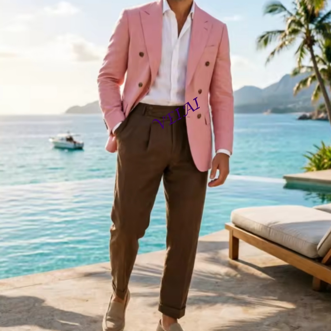 Men Linen Formal Wear - Maßgeschneiderter 2-teiliger beiger Leinen-Herrenanzug, zweireihig, elegante